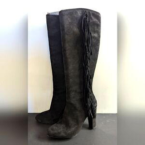 Ralph Lauren Vanida Leather Suede Knee High Fringe Heel Boots Black 7.5